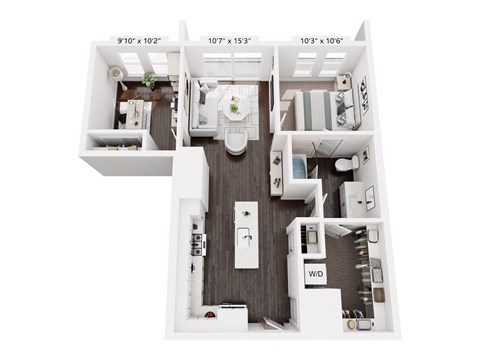 Floor plan for 1 bed, 1 bath, 832 sqft